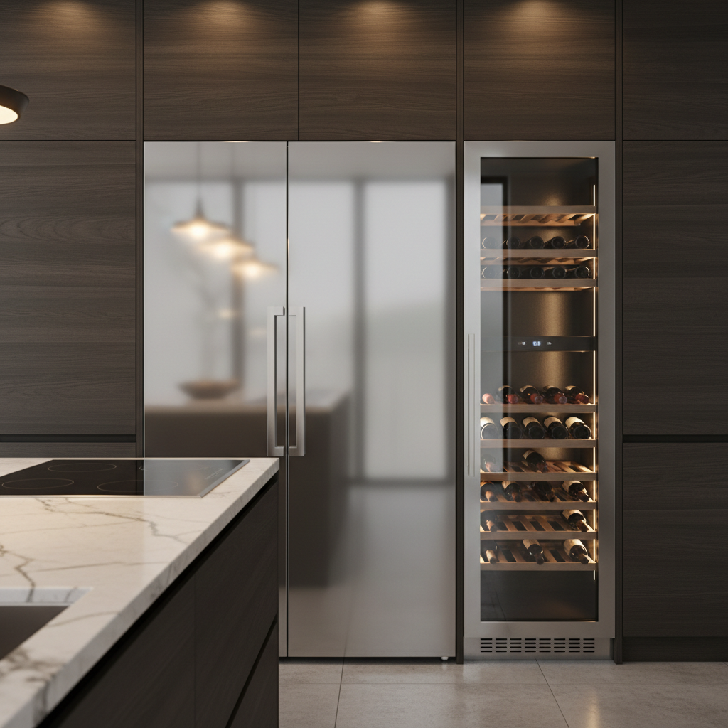 Built-in refrigerator and wine cooler in a premium kitchen
