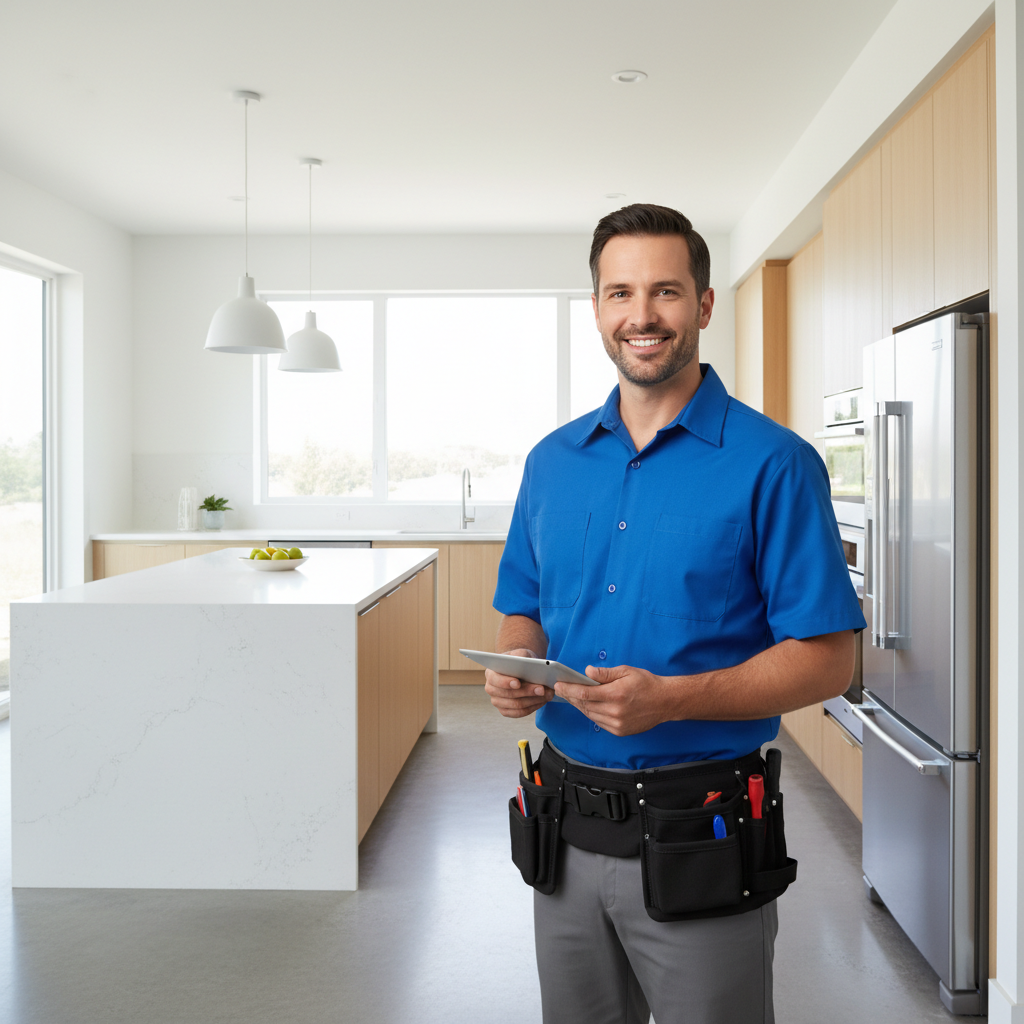 Sub-Zero repair technician consultation in a modern kitchen